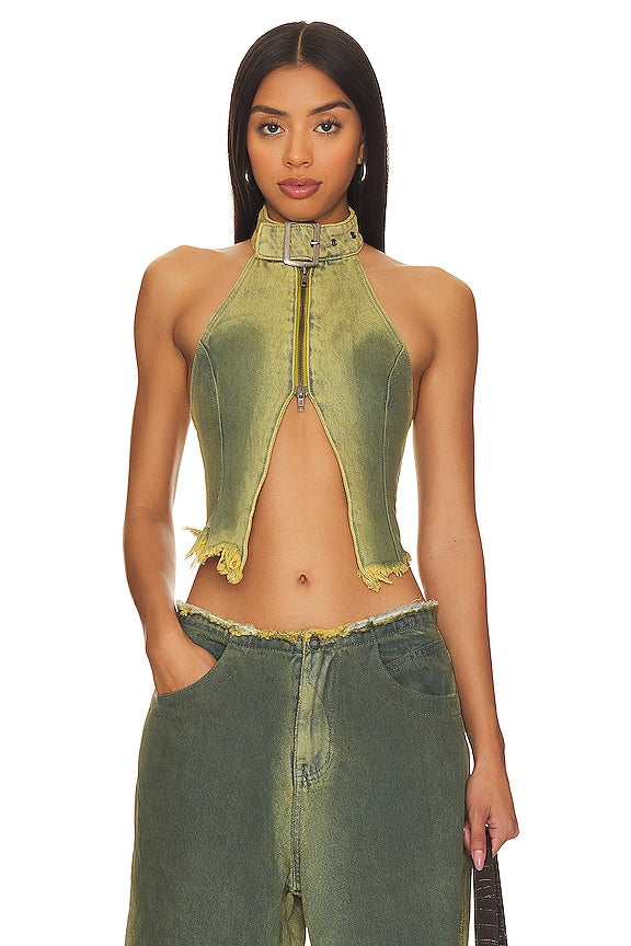 Top denim hebilla verde lavado