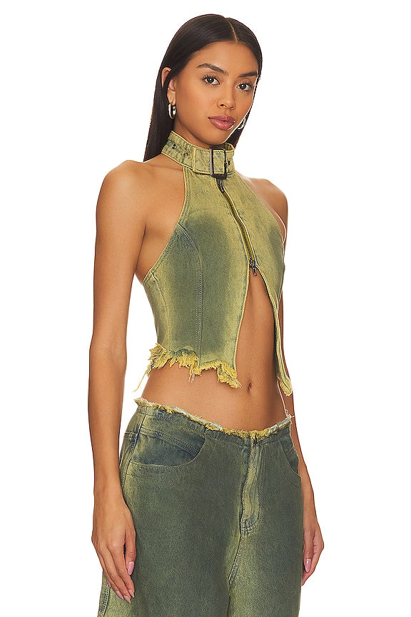 Top denim hebilla verde lavado