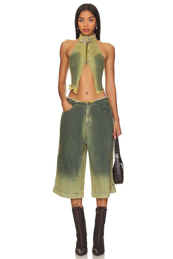 Top denim hebilla verde lavado